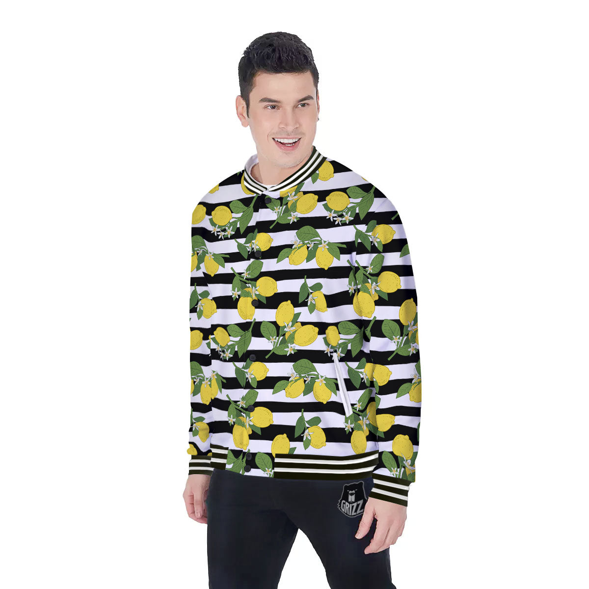 Striped Lemon Print Pattern Baseball Jacket-grizzshop