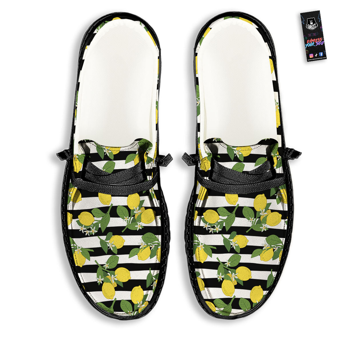 Striped Lemon Print Pattern Black Loafers-grizzshop