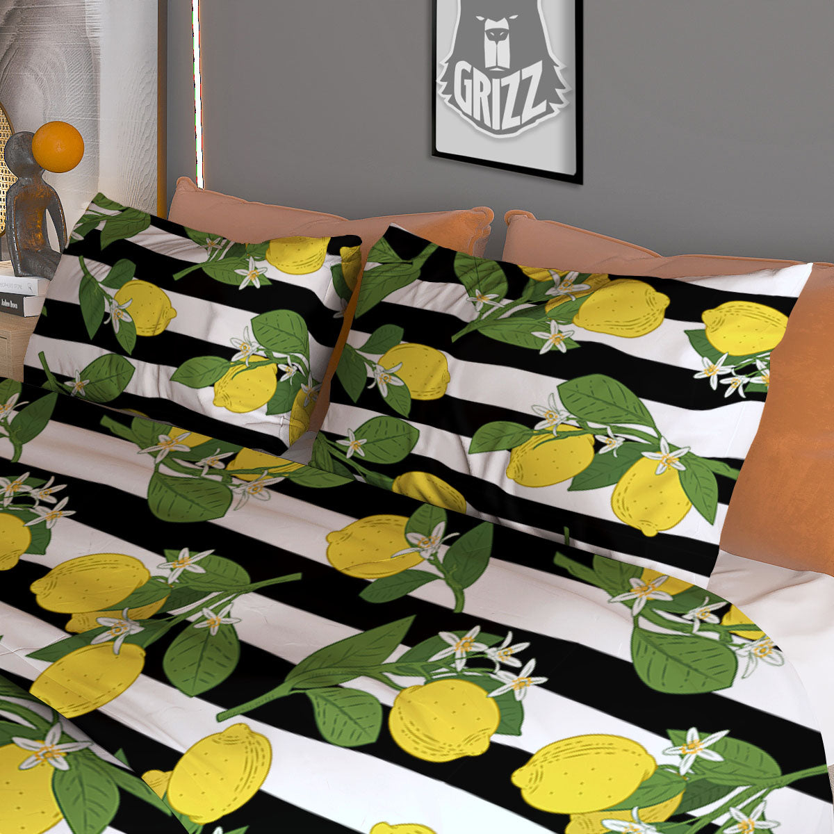Striped Lemon Print Pattern Duvet Cover Bedding Set