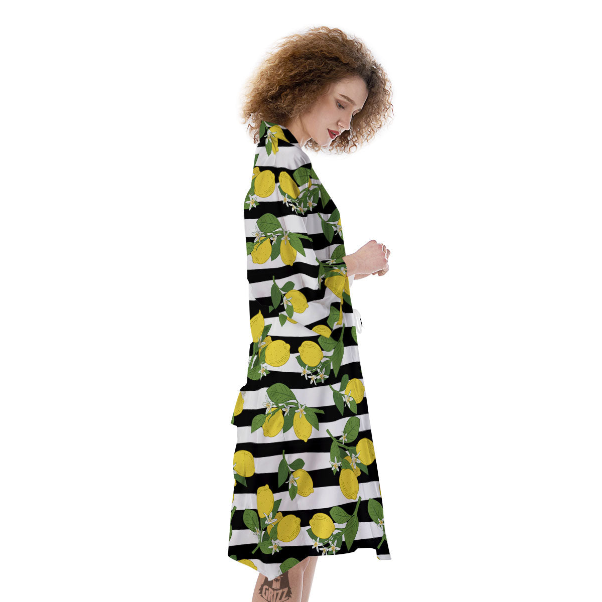 Striped Lemon Print Pattern Kimono-grizzshop