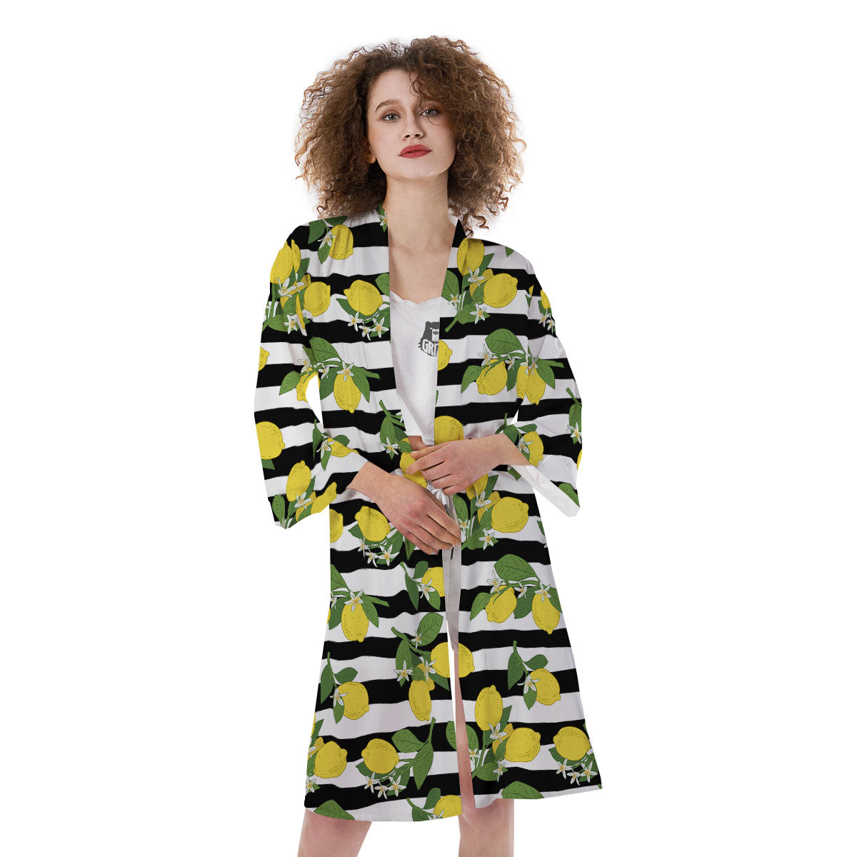 Striped Lemon Print Pattern Kimono-grizzshop