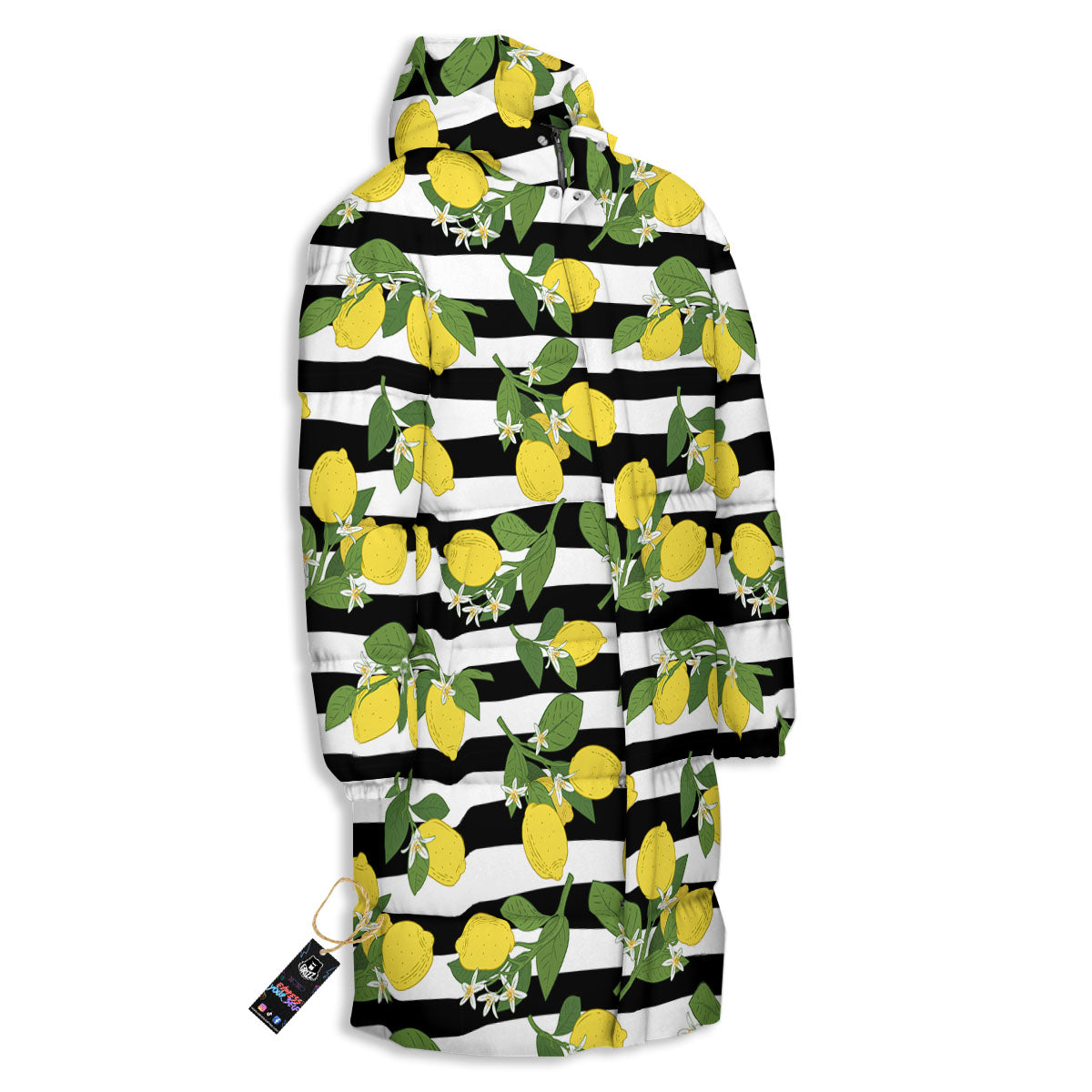 Striped Lemon Print Pattern Long Down Jacket-grizzshop