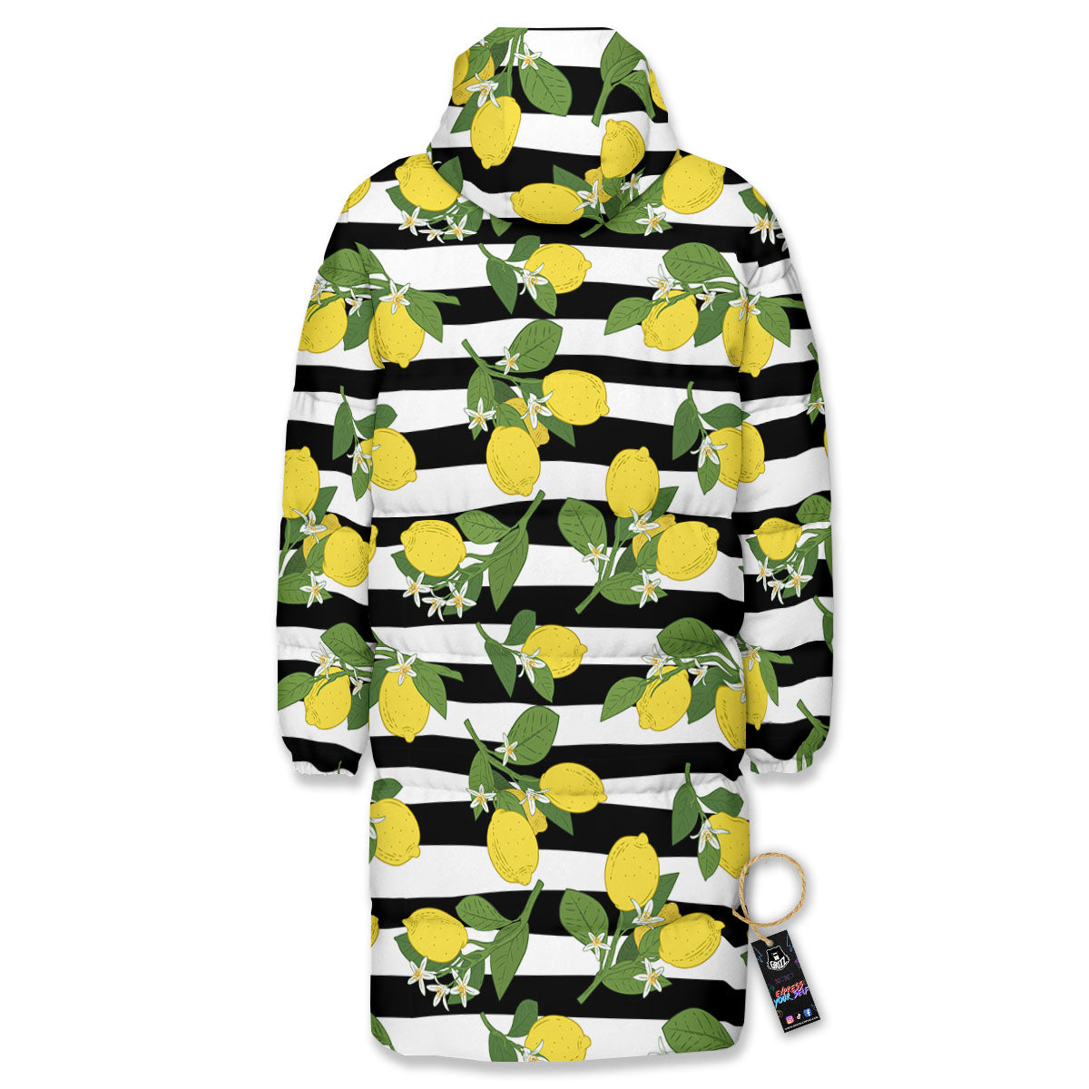Striped Lemon Print Pattern Long Down Jacket-grizzshop