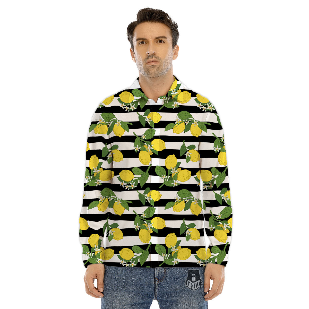 Striped Lemon Print Pattern Men's Dress Shirts-grizzshop