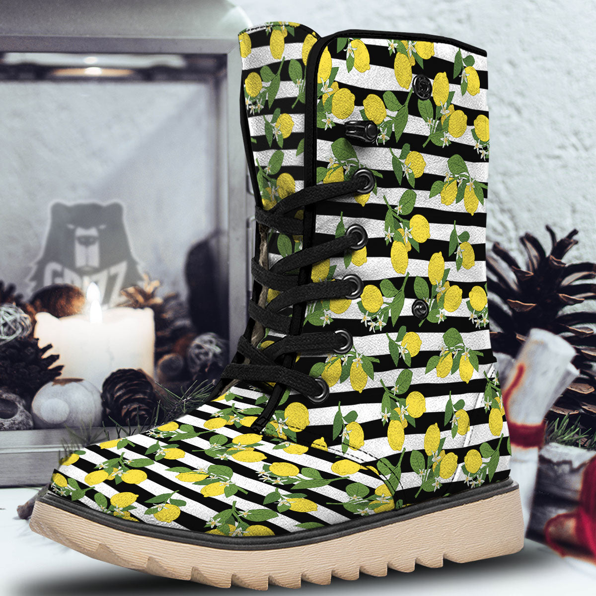 Striped Lemon Print Pattern Snow Boots-grizzshop