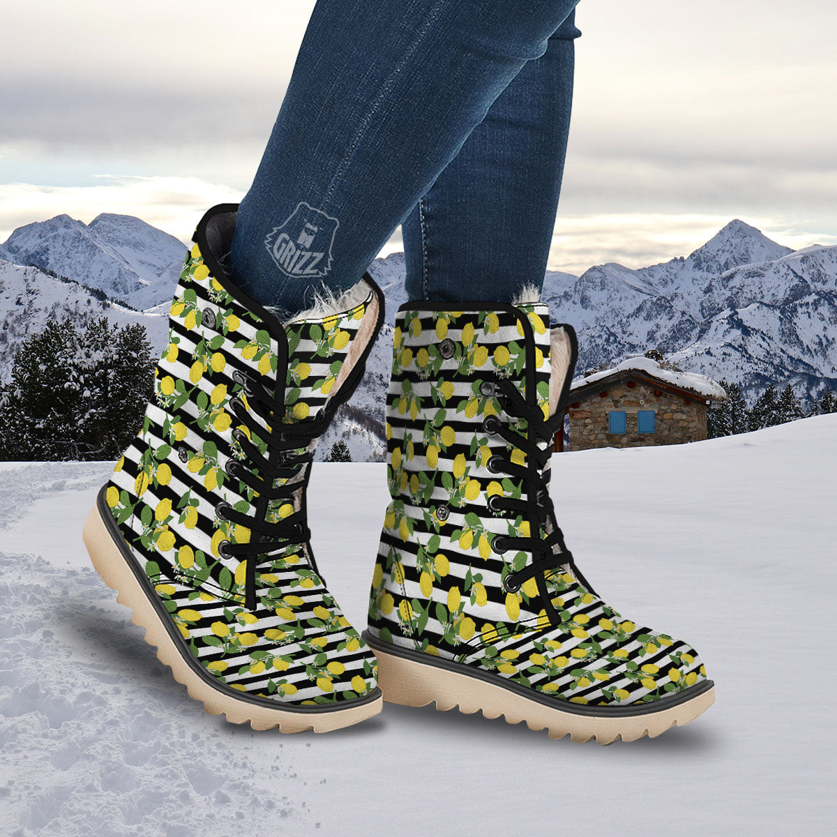 Striped Lemon Print Pattern Snow Boots-grizzshop