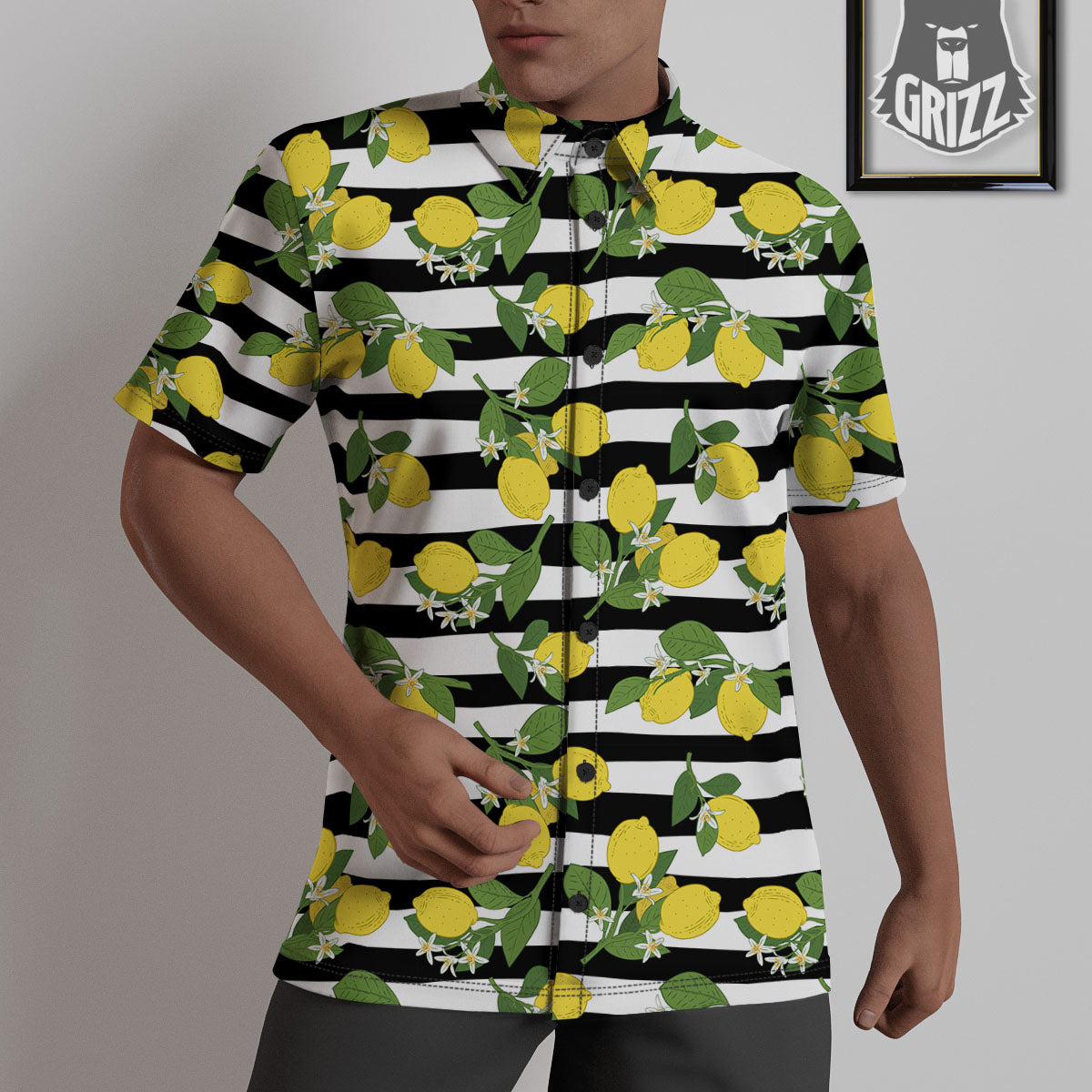 Striped Lemon Print Pattern Untucked Shirts-grizzshop