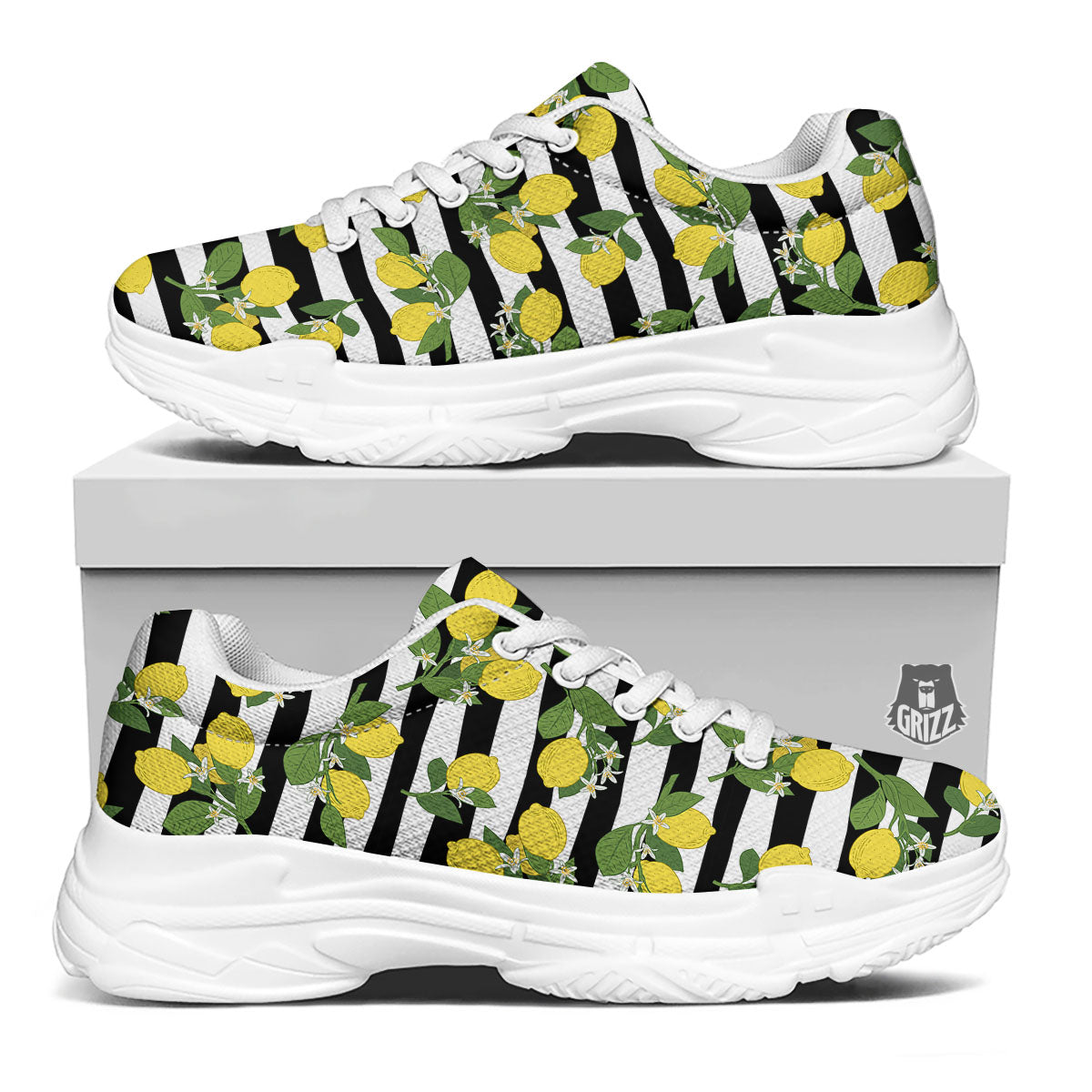 Striped Lemon Print Pattern White Chunky Shoes-grizzshop