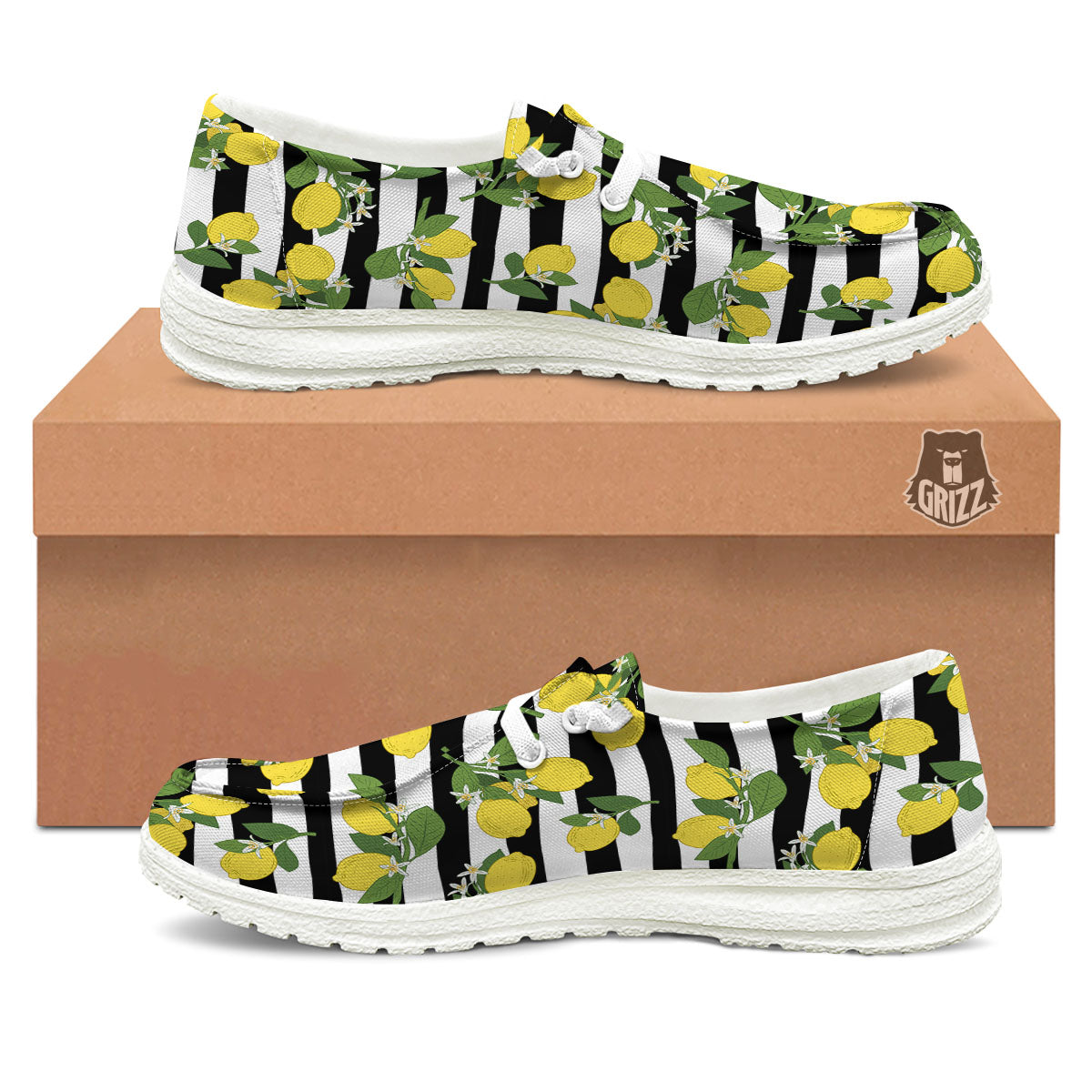 Striped Lemon Print Pattern White Loafers-grizzshop