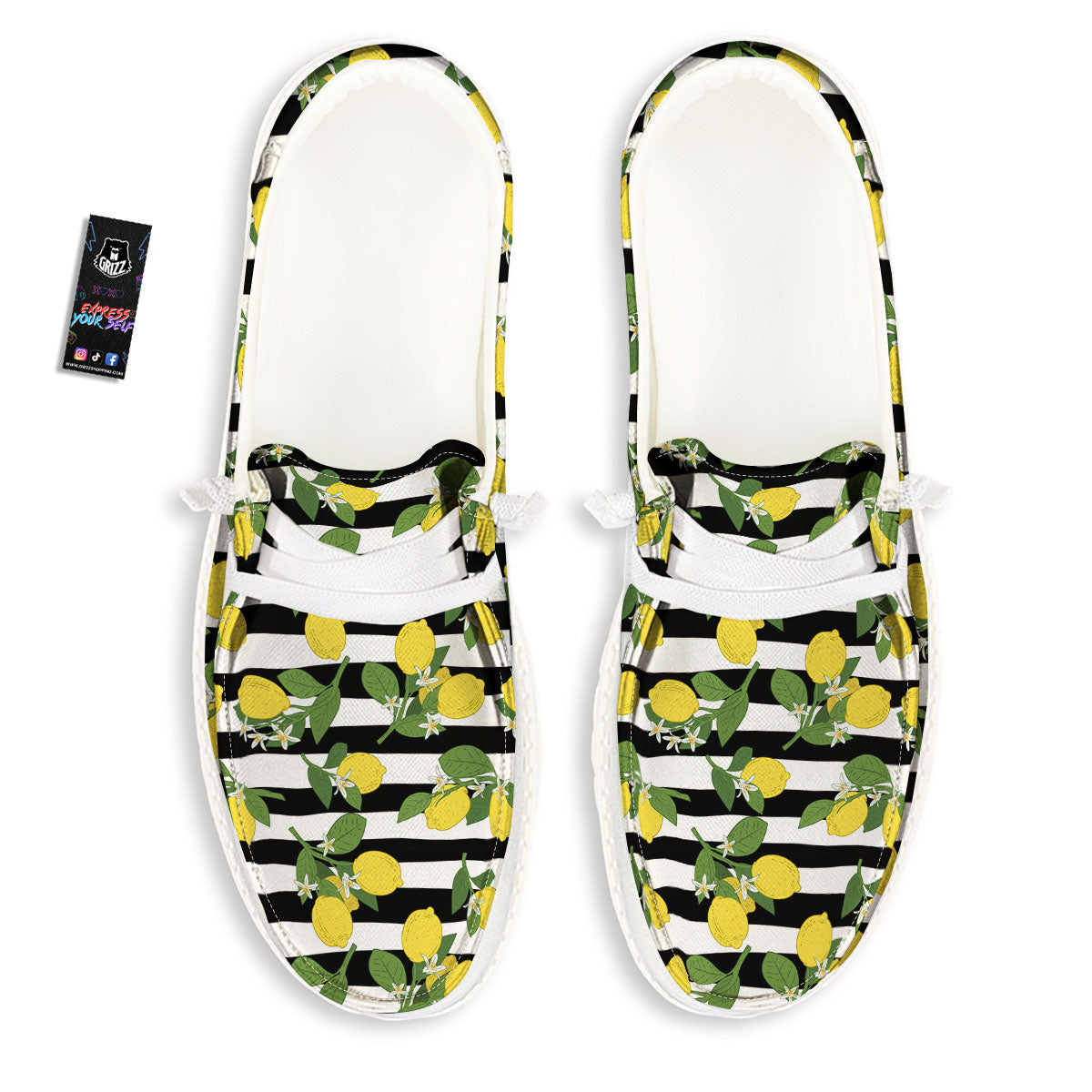 Striped Lemon Print Pattern White Loafers-grizzshop
