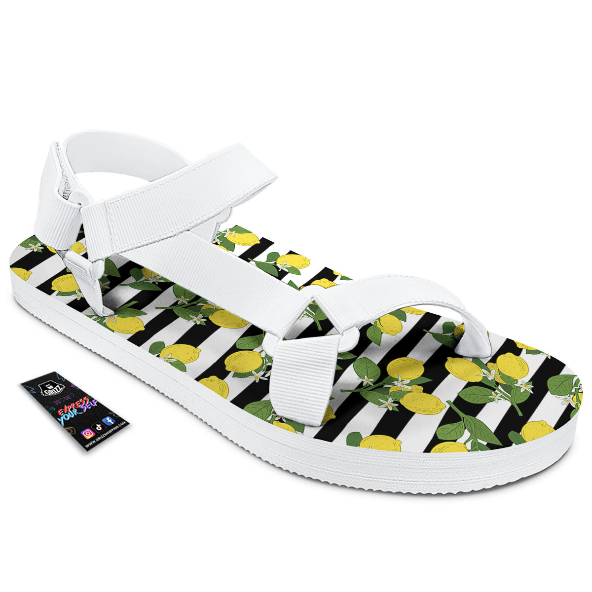 Striped Lemon Print Pattern White Open Toe Sandals-grizzshop