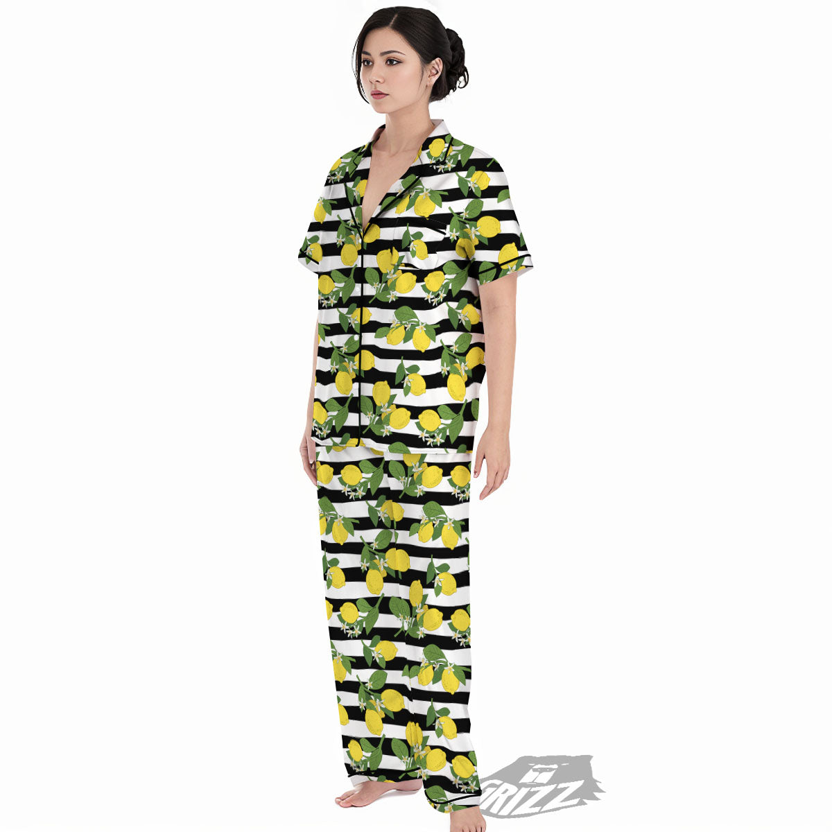 Striped Lemon Print Pattern Women's Pajamas Set-grizzshop