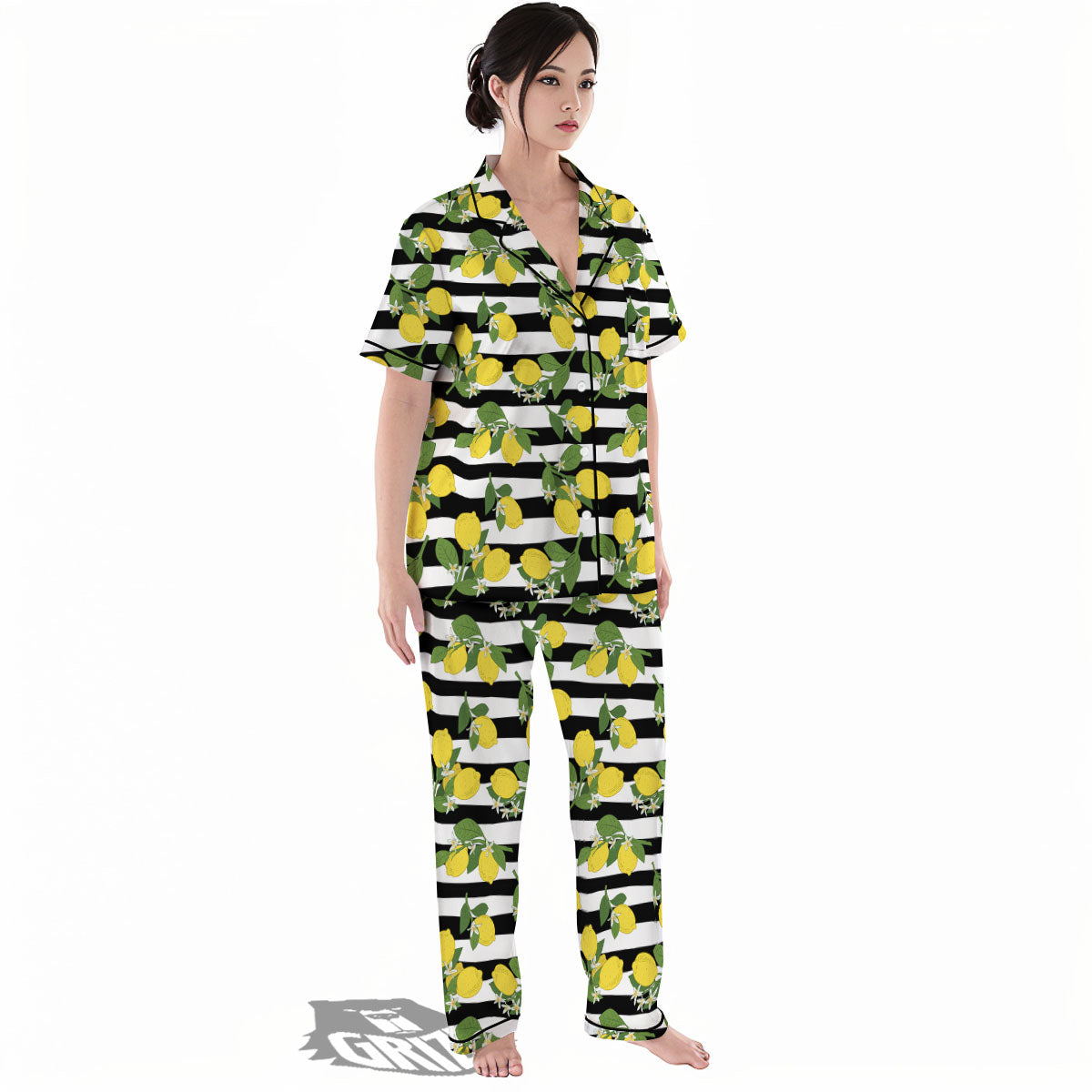 Striped Lemon Print Pattern Women's Pajamas Set-grizzshop