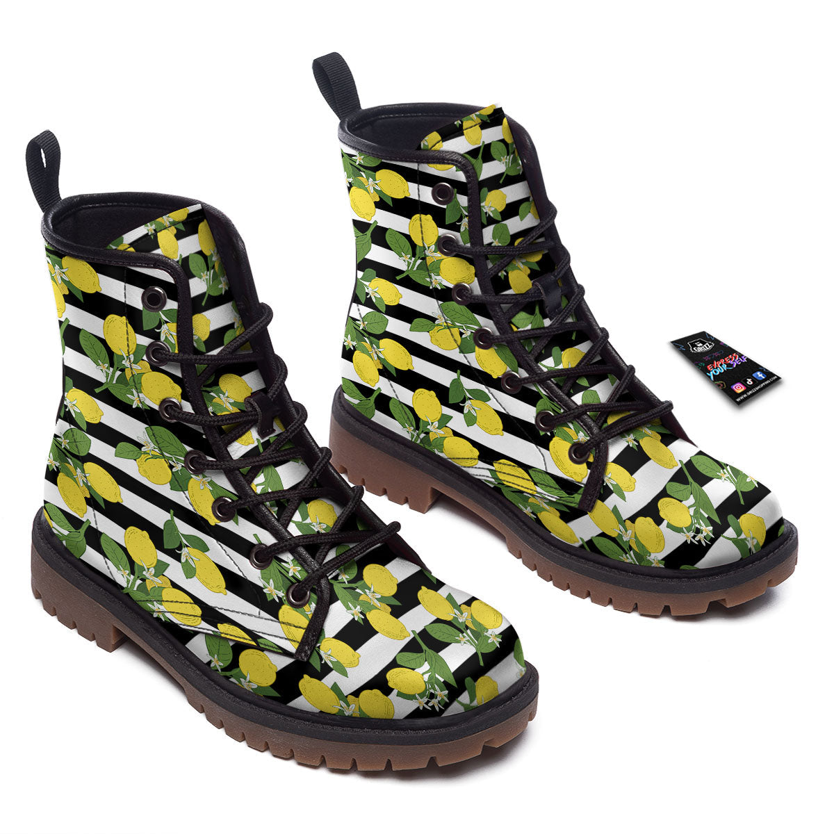 Striped Lemon Print Pattern Work Boots-grizzshop
