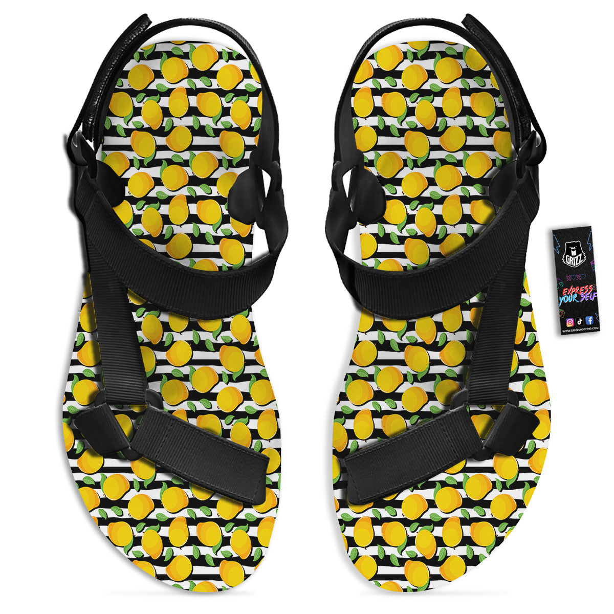 Striped Mango Fruit Print Pattern Black Open Toe Sandals-grizzshop