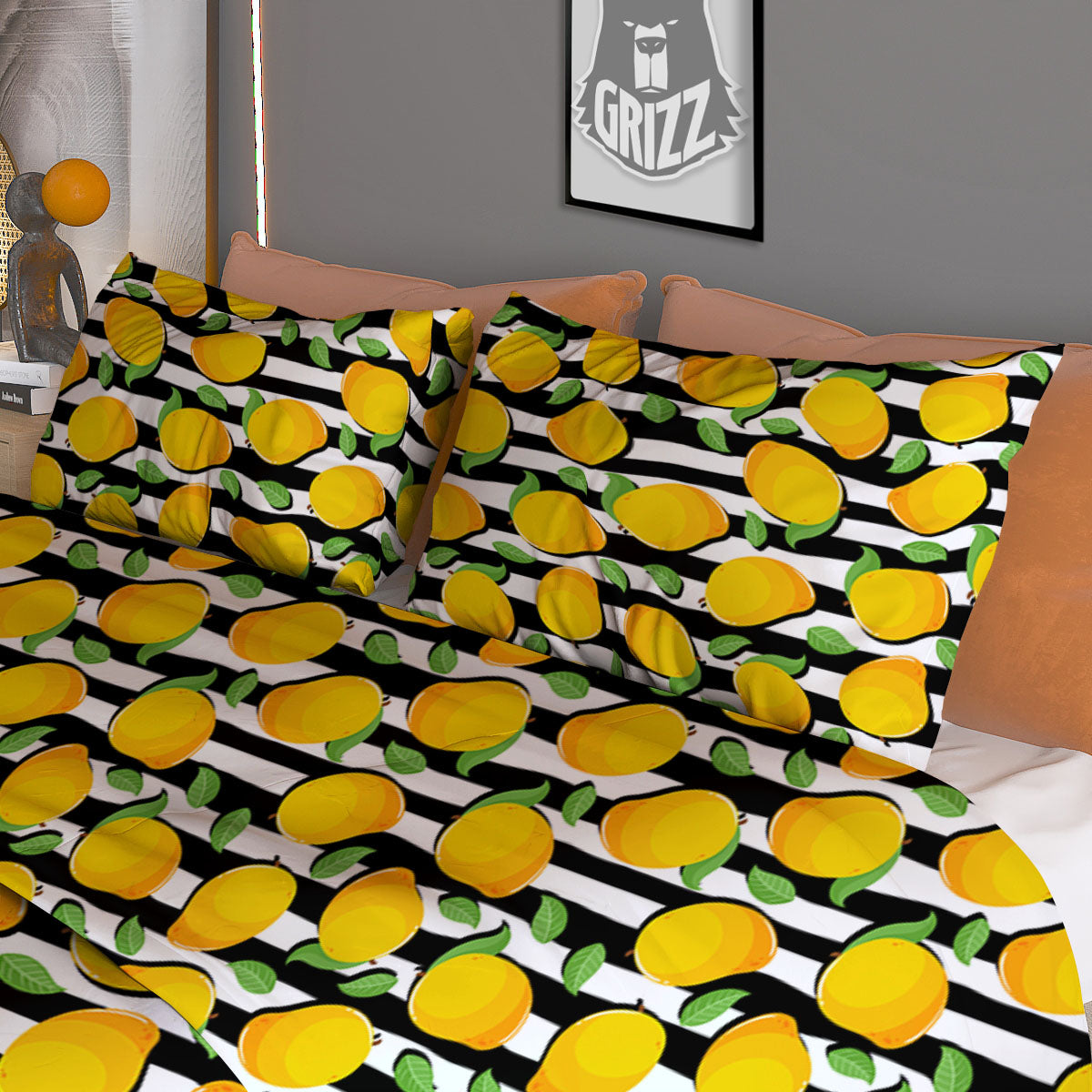 Striped Mango Fruit Print Pattern Duvet Cover Bedding Set