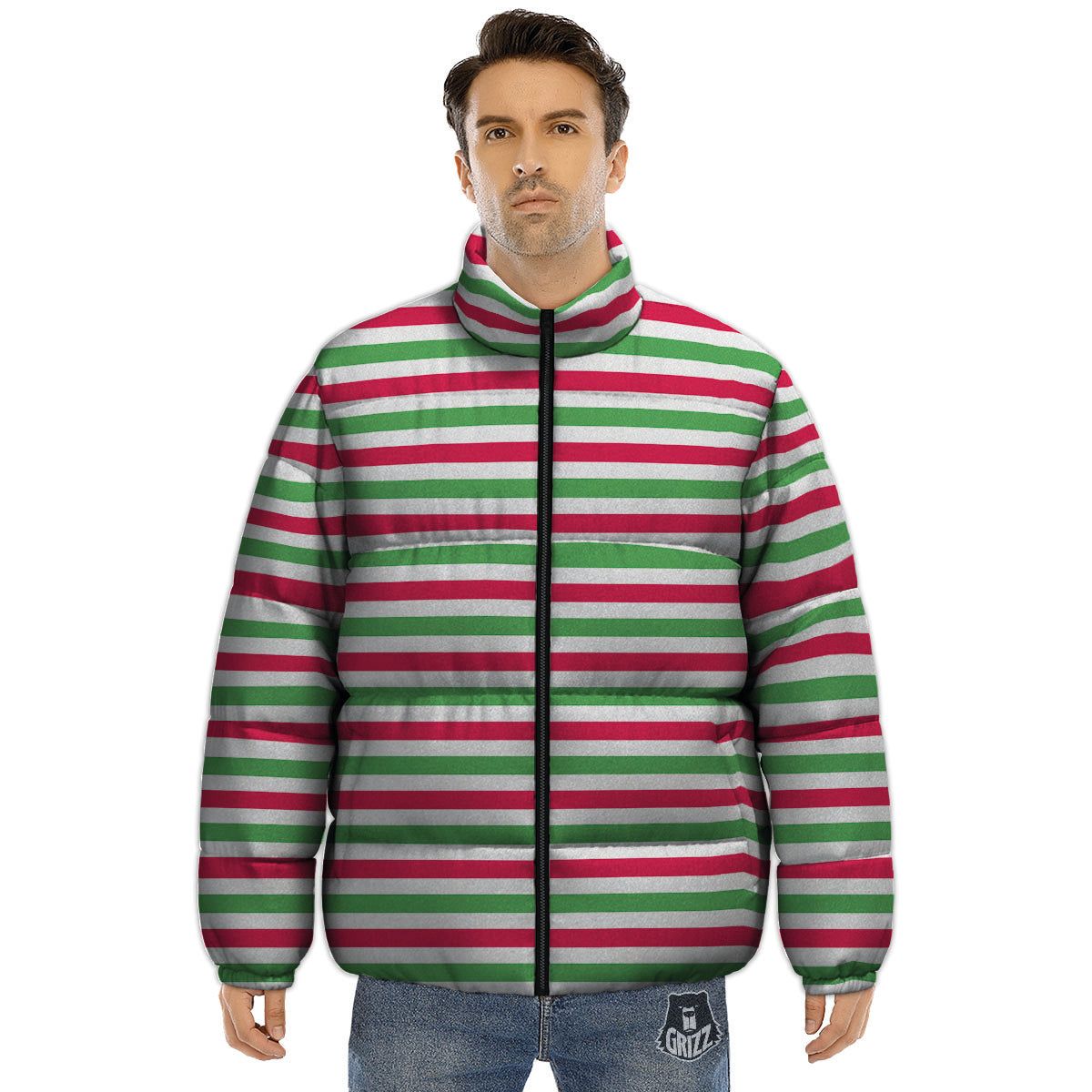Striped Merry Christmas Print Pattern Puffer Jacket-grizzshop