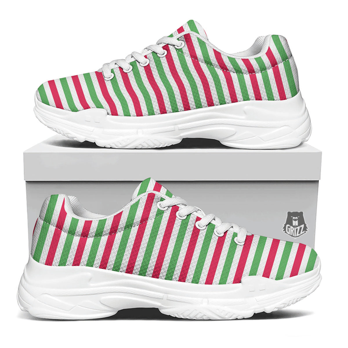 Striped Merry Christmas Print Pattern White Chunky Shoes-grizzshop