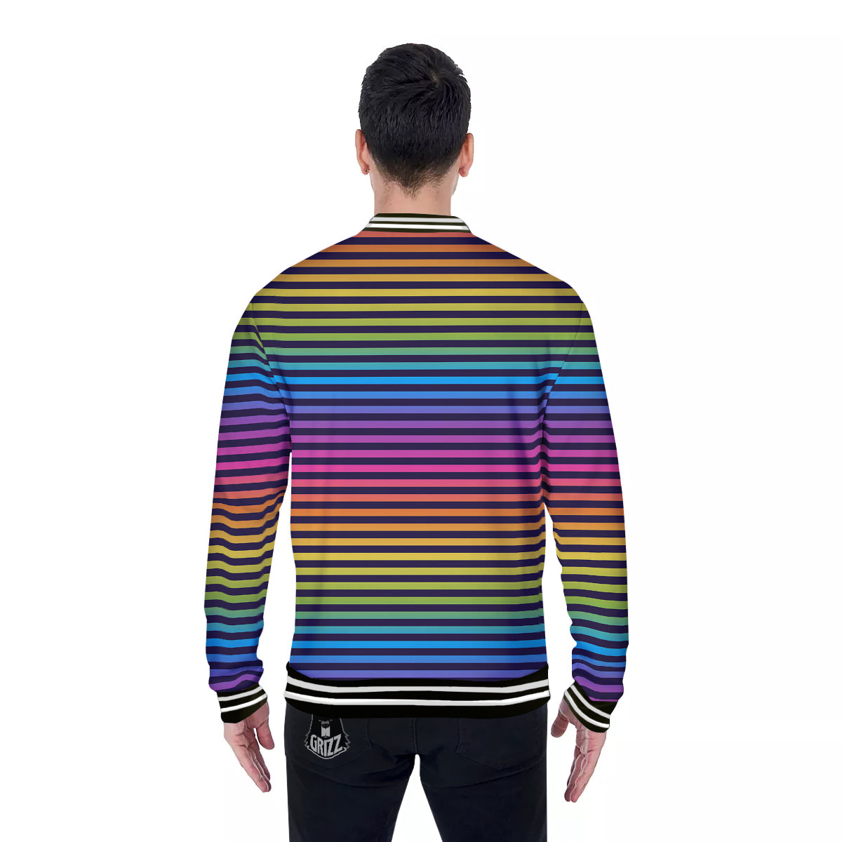 Striped Neon Rainbow Print Baseball Jacket-grizzshop