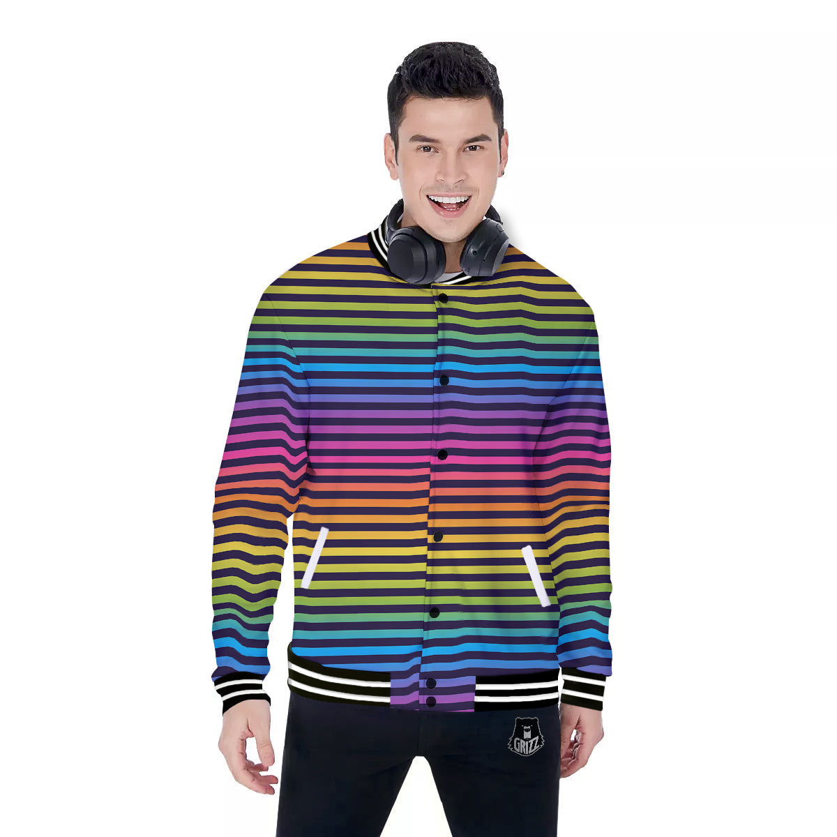 Striped Neon Rainbow Print Baseball Jacket-grizzshop