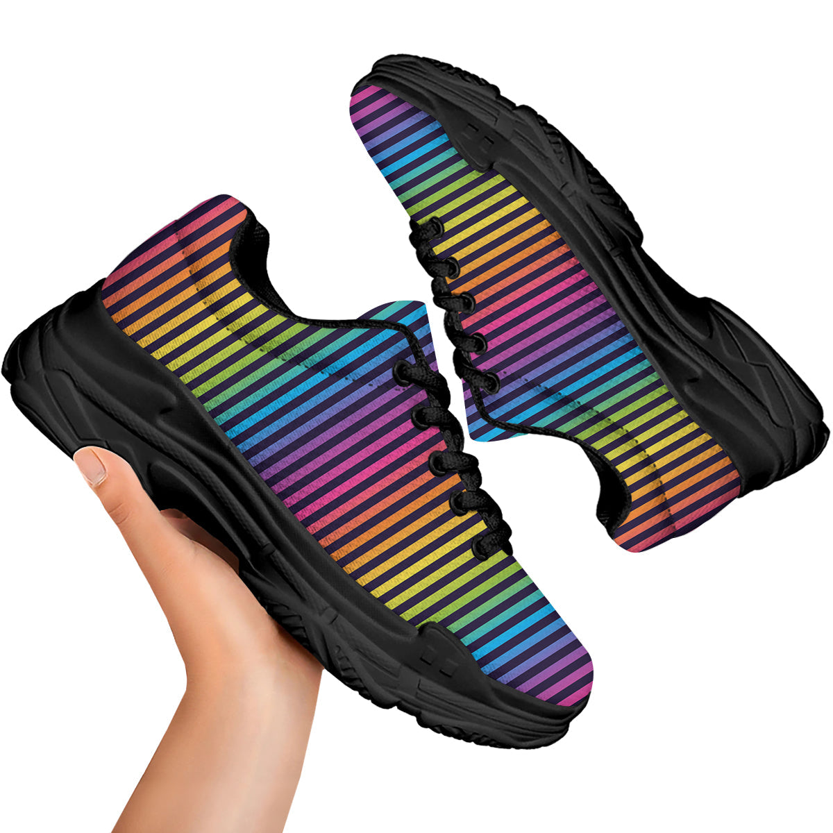 Striped Neon Rainbow Print Black Chunky Shoes-grizzshop