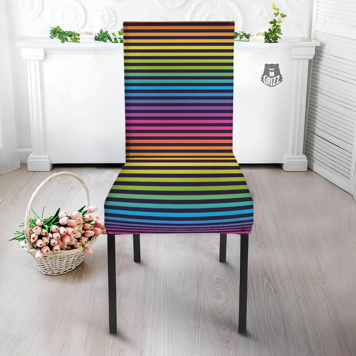 Striped Neon Rainbow Print Dining Chair Slipcover-grizzshop