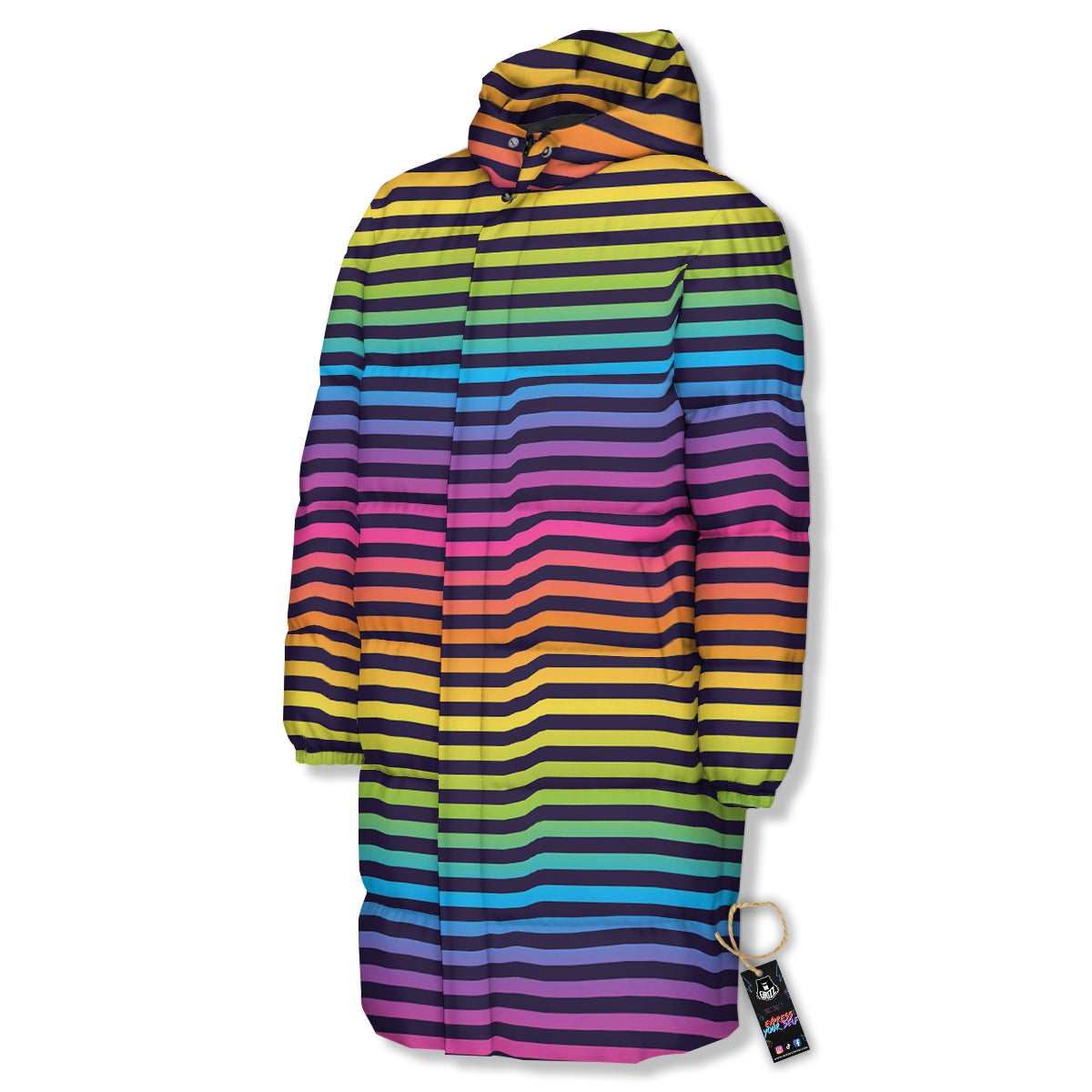 Striped Neon Rainbow Print Long Down Jacket-grizzshop
