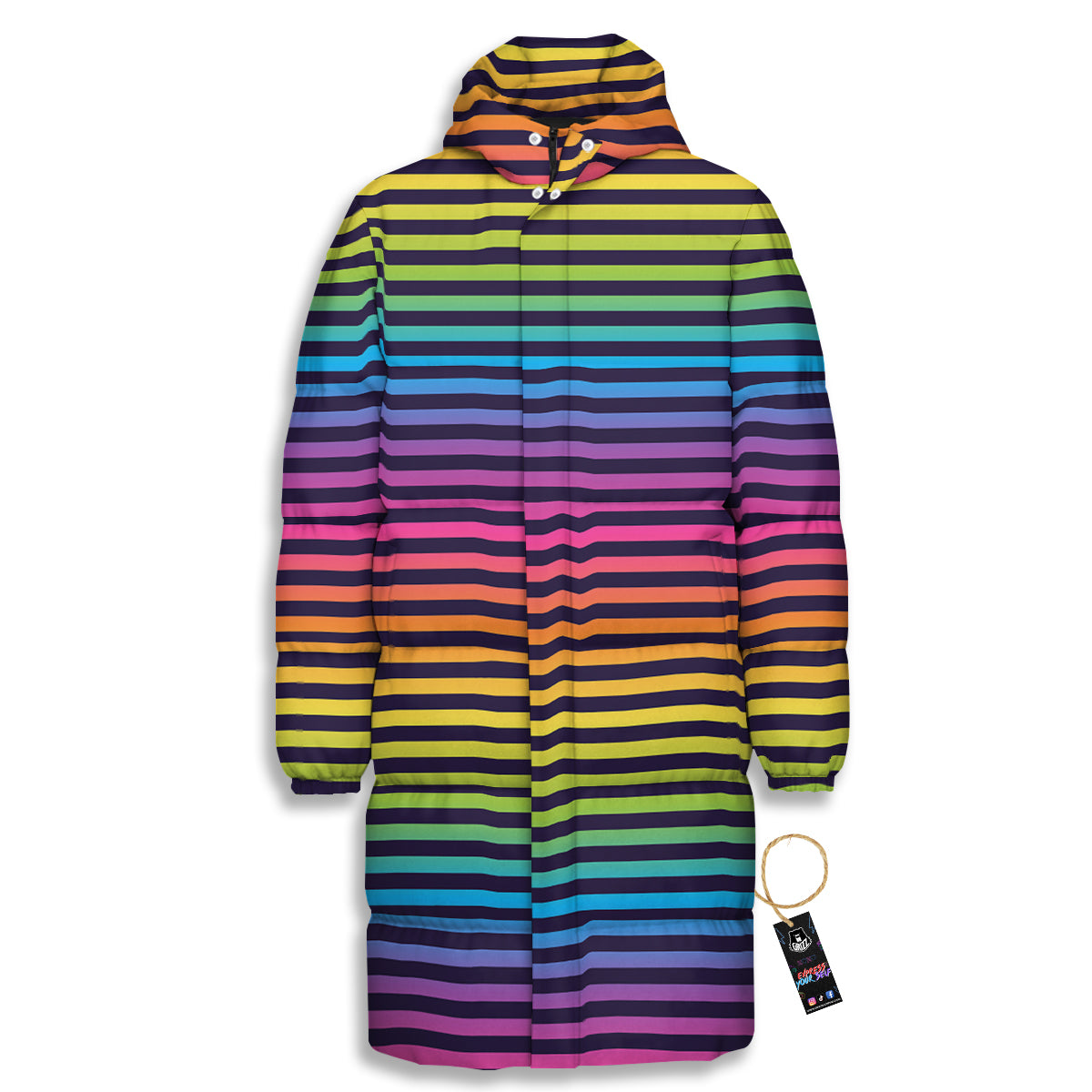Striped Neon Rainbow Print Long Down Jacket-grizzshop
