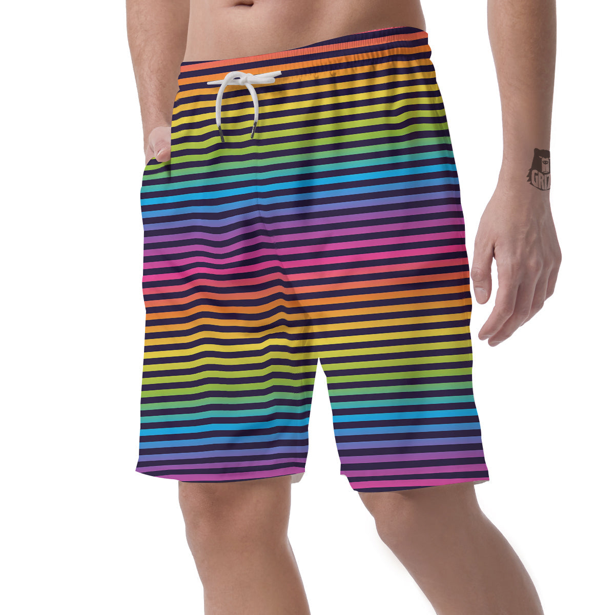 Striped Neon Rainbow Print Men's Shorts-grizzshop