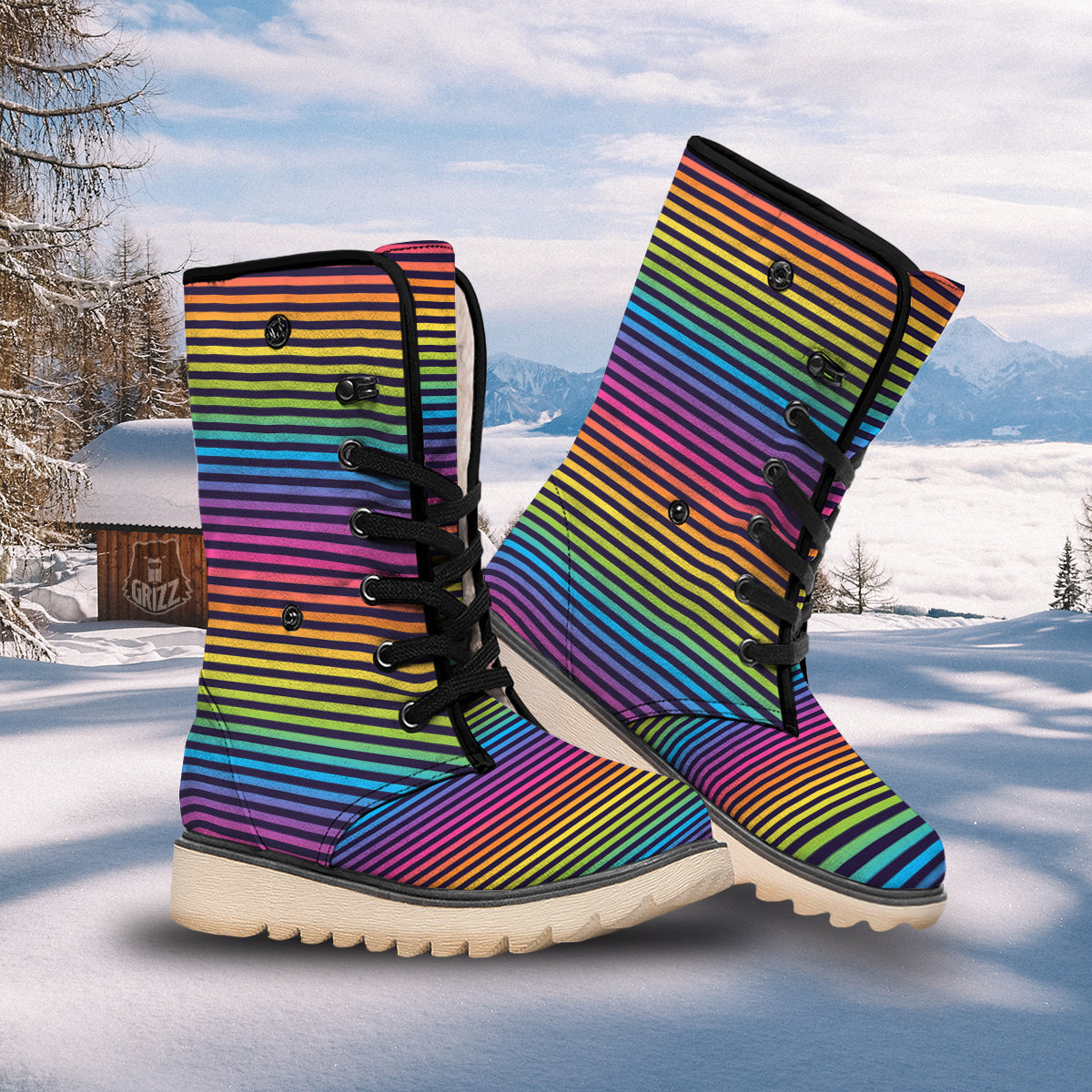 Striped Neon Rainbow Print Snow Boots-grizzshop