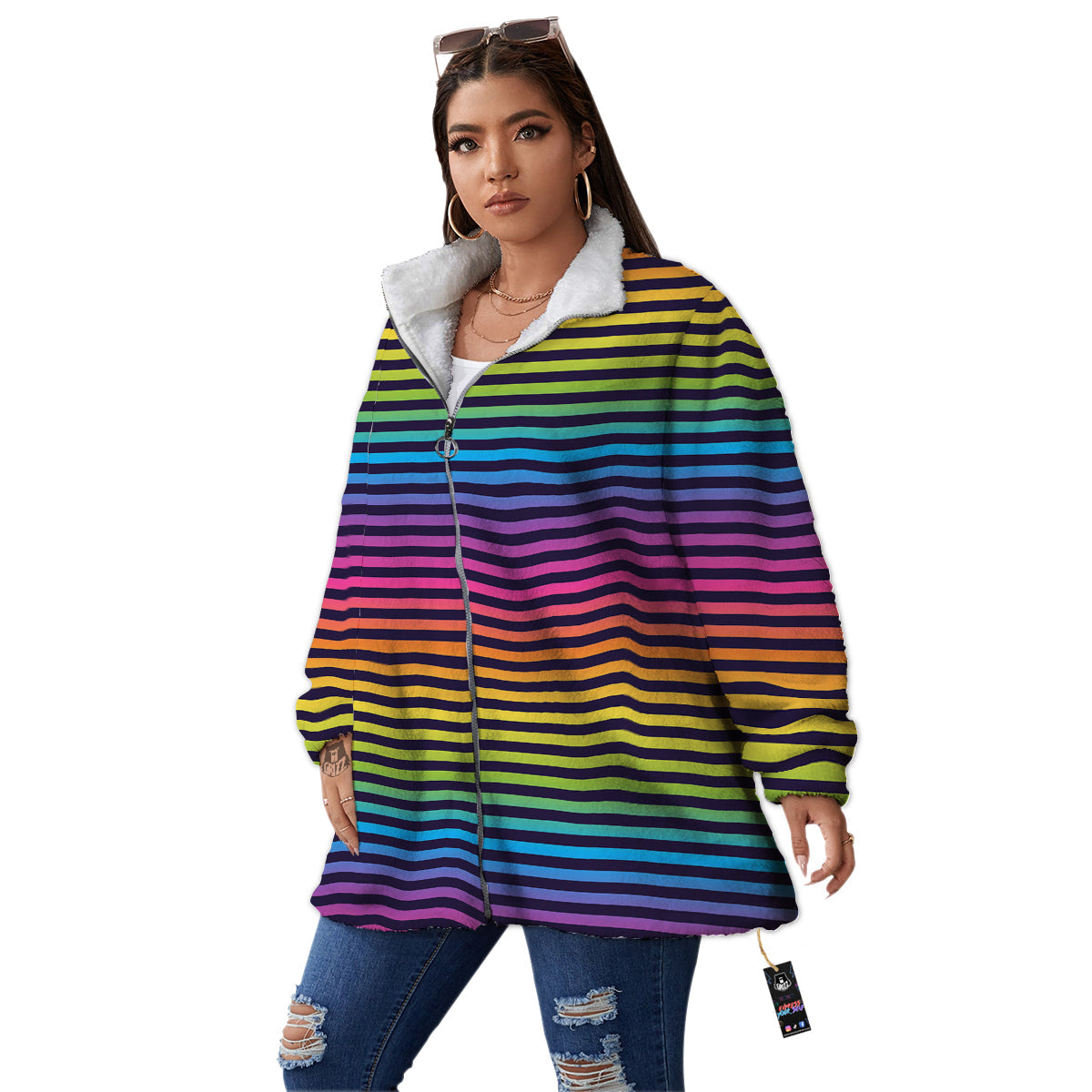 Striped Neon Rainbow Print Women's Sherpa Jacket-grizzshop