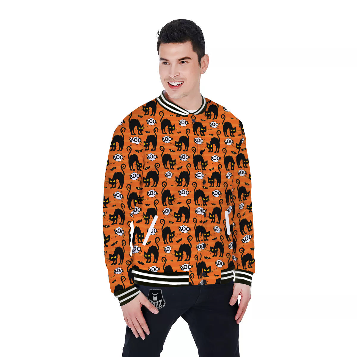 Striped Orange Black Cat Angry Print Pattern Baseball Jacket-grizzshop