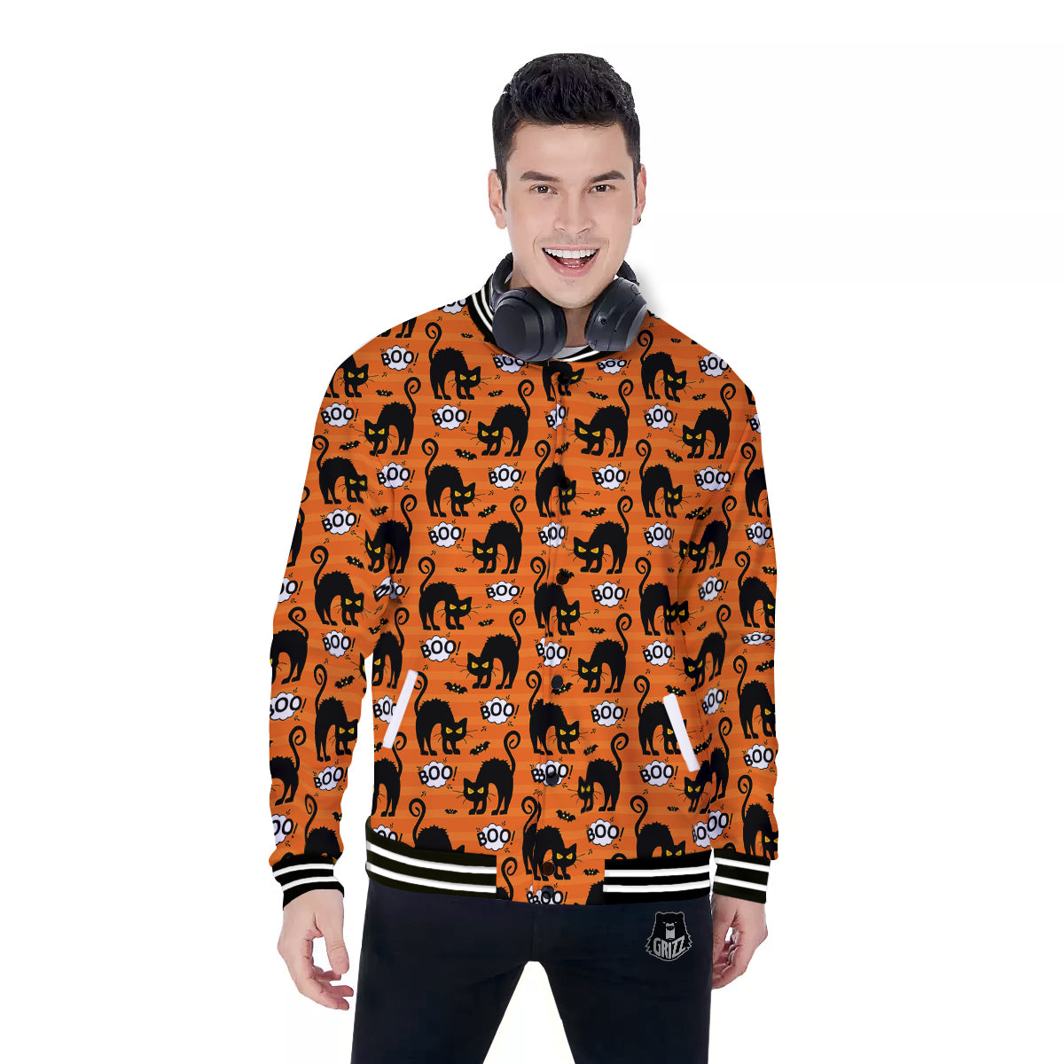 Striped Orange Black Cat Angry Print Pattern Baseball Jacket-grizzshop