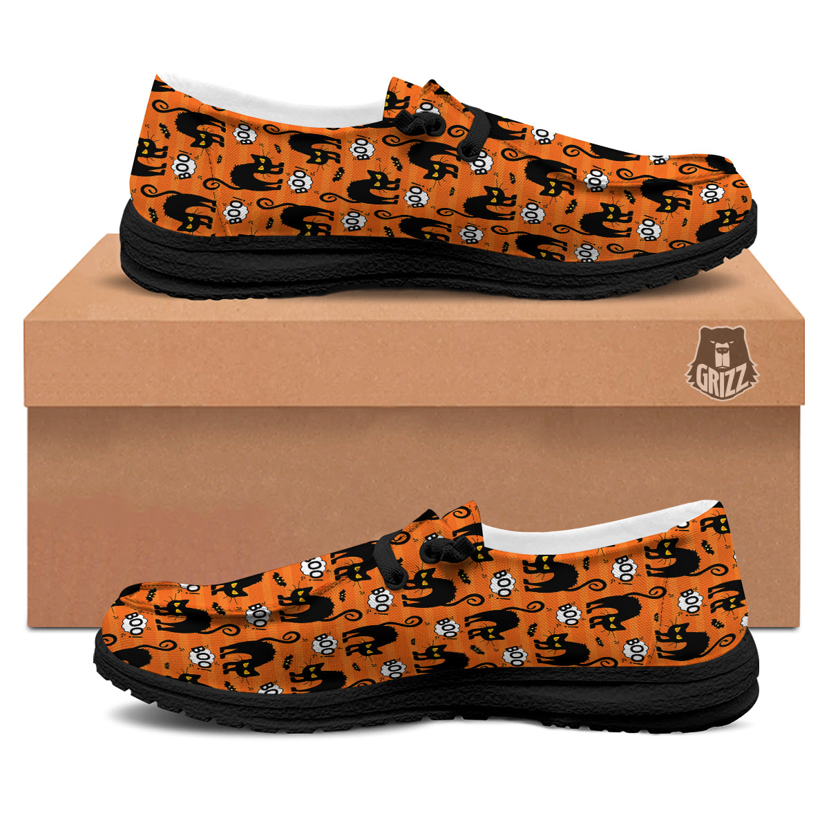Striped Orange Black Cat Angry Print Pattern Black Loafers-grizzshop