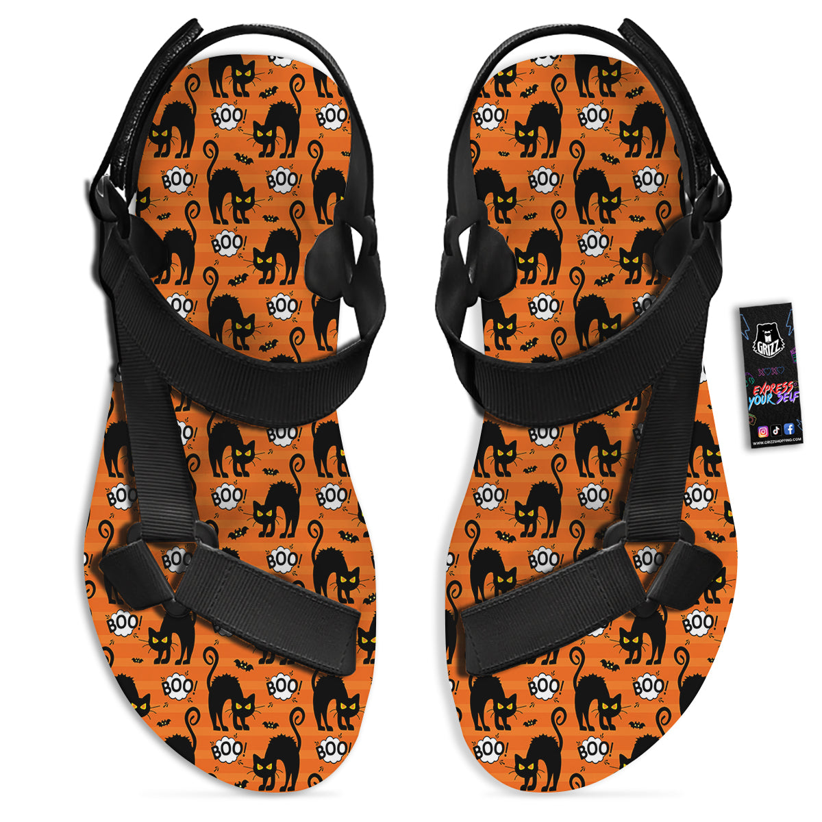 Striped Orange Black Cat Angry Print Pattern Black Open Toe Sandals-grizzshop