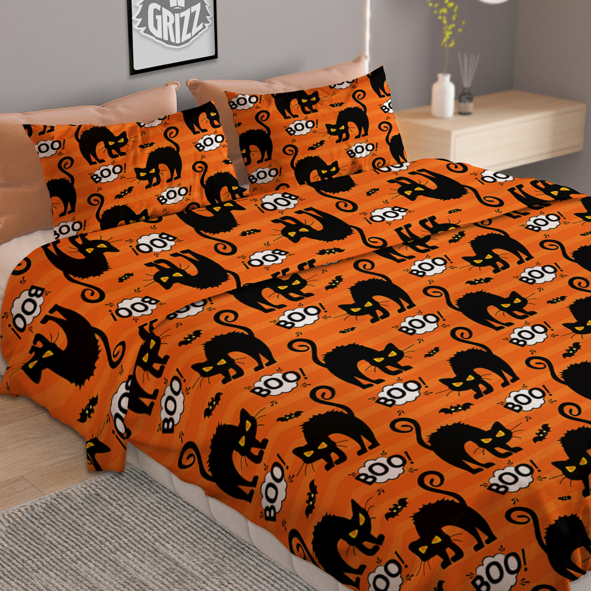 Striped Orange Black Cat Angry Print Pattern Duvet Cover Bedding Set