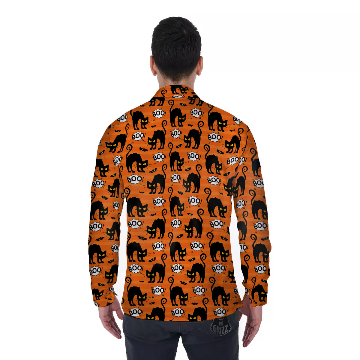 Striped Orange Black Cat Angry Print Pattern Men's Long Sleeve Shirts-grizzshop