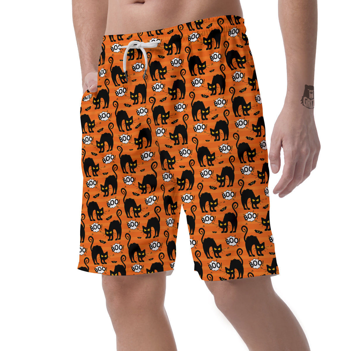 Striped Orange Black Cat Angry Print Pattern Men's Shorts-grizzshop