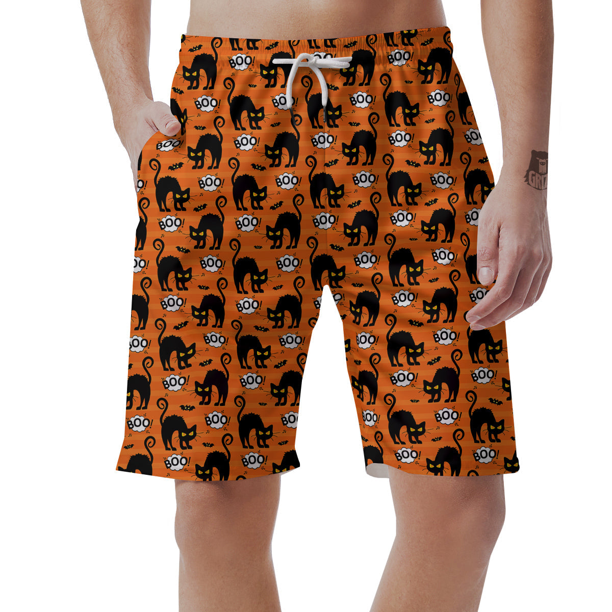 Striped Orange Black Cat Angry Print Pattern Men's Shorts-grizzshop