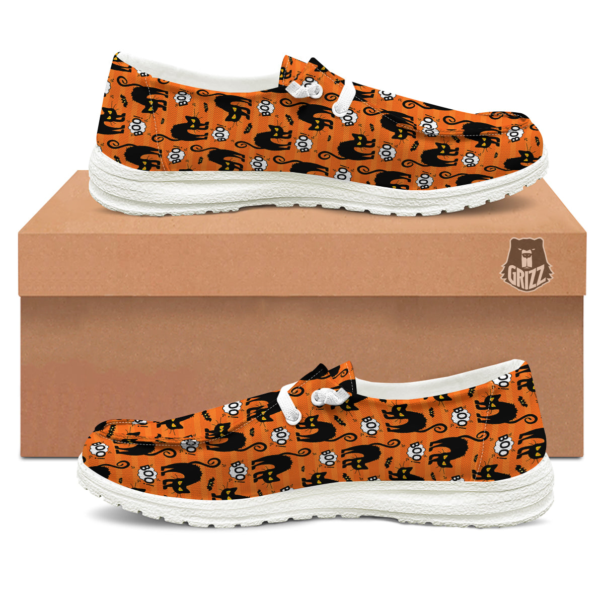 Striped Orange Black Cat Angry Print Pattern White Loafers-grizzshop