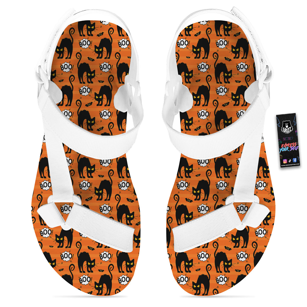 Striped Orange Black Cat Angry Print Pattern White Open Toe Sandals-grizzshop
