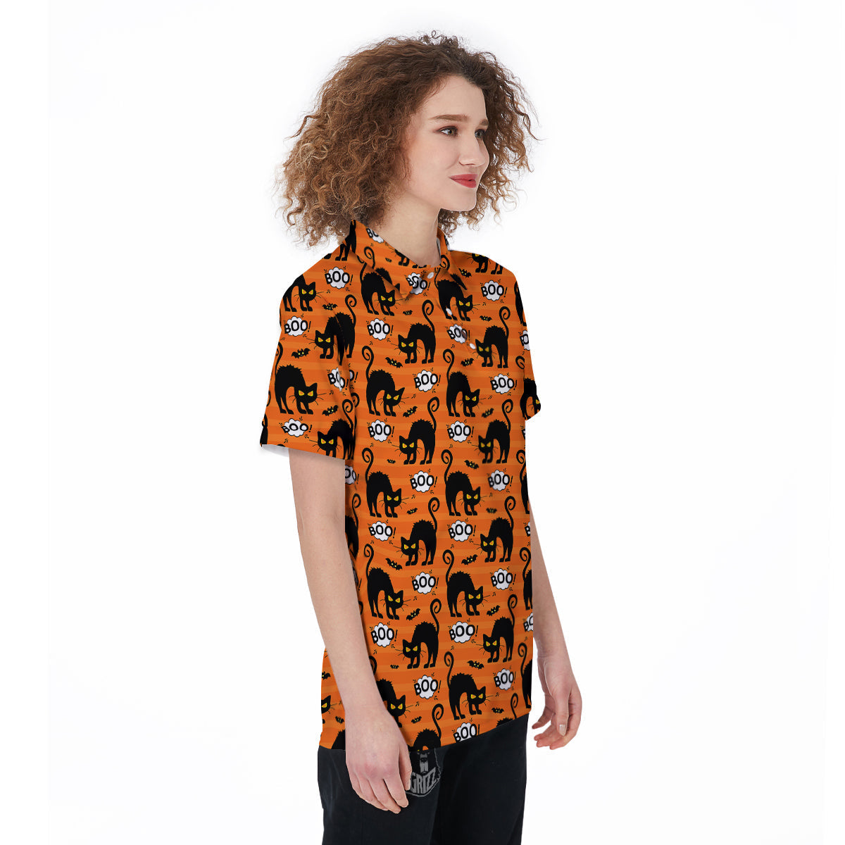 Striped Orange Black Cat Angry Print Pattern Women's Golf Shirts-grizzshop