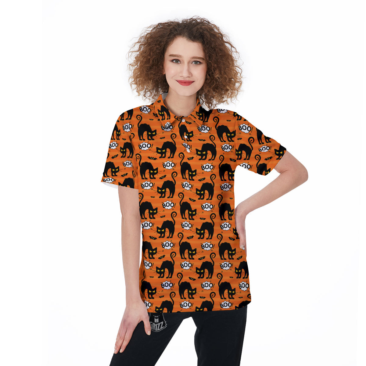 Striped Orange Black Cat Angry Print Pattern Women's Golf Shirts-grizzshop