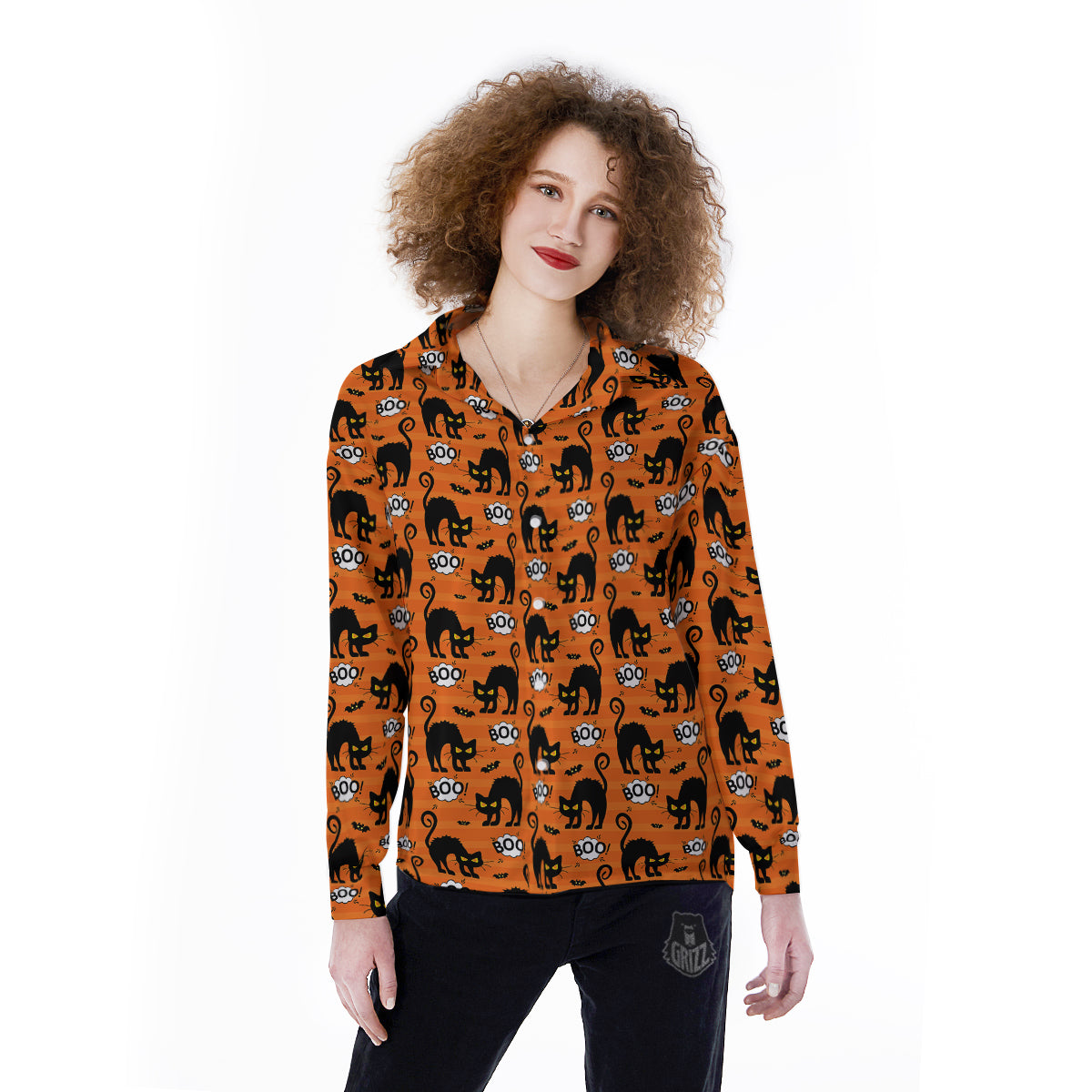 Striped Orange Black Cat Angry Print Pattern Women's Long Sleeve Shirts-grizzshop