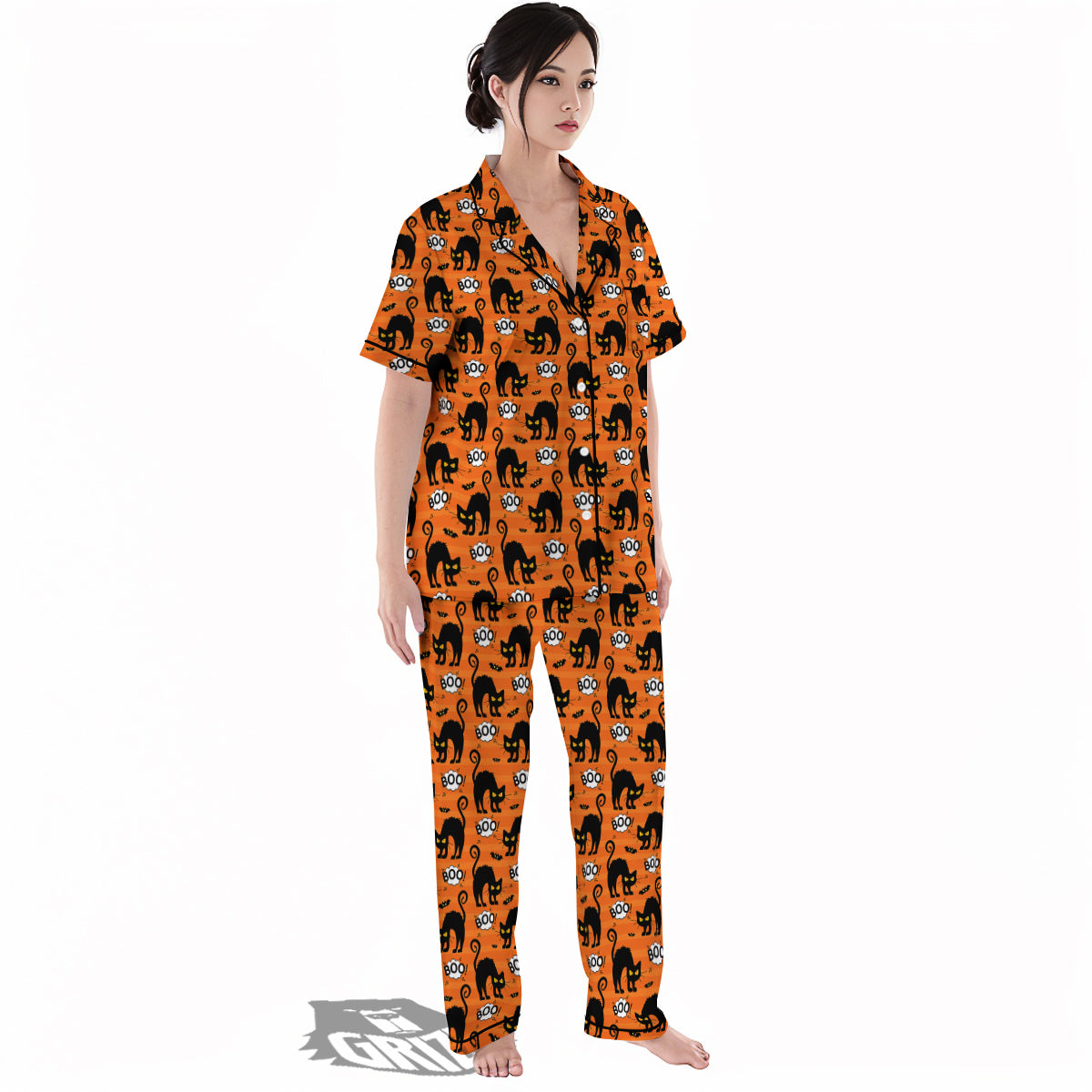 Striped Orange Black Cat Angry Print Pattern Women's Pajamas Set-grizzshop