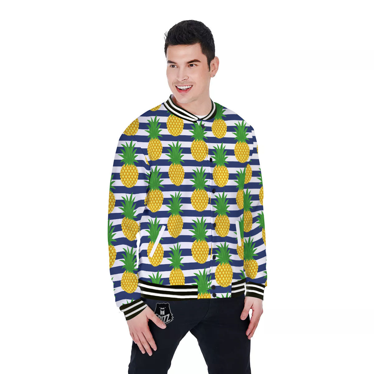 Striped Pineapple Print Pattern Baseball Jacket-grizzshop