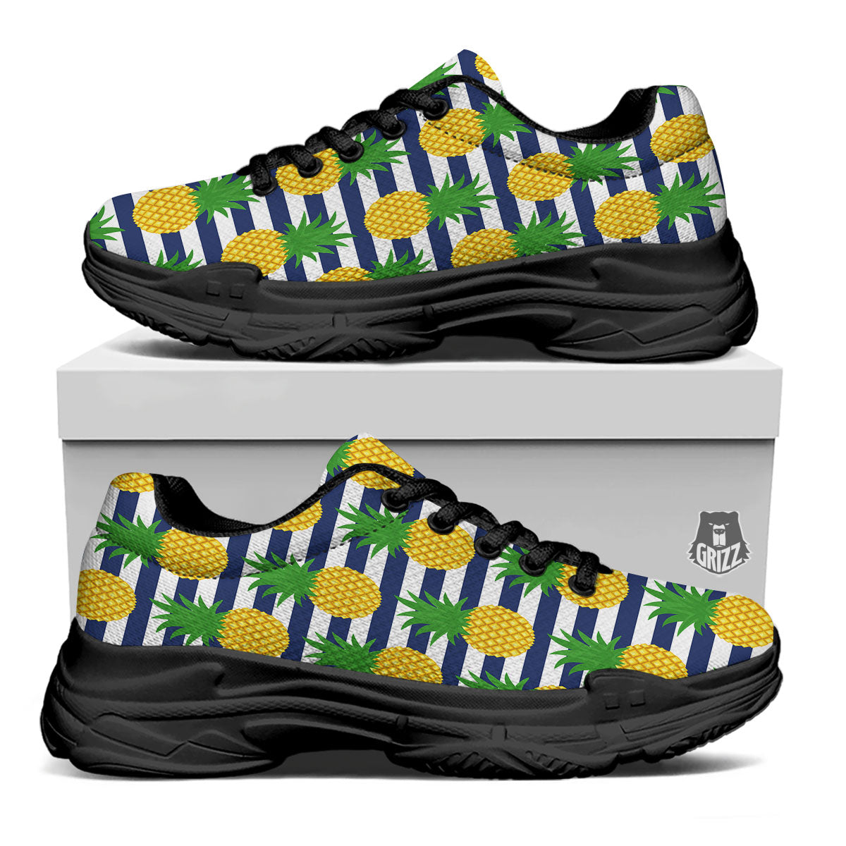 Striped Pineapple Print Pattern Black Chunky Shoes-grizzshop