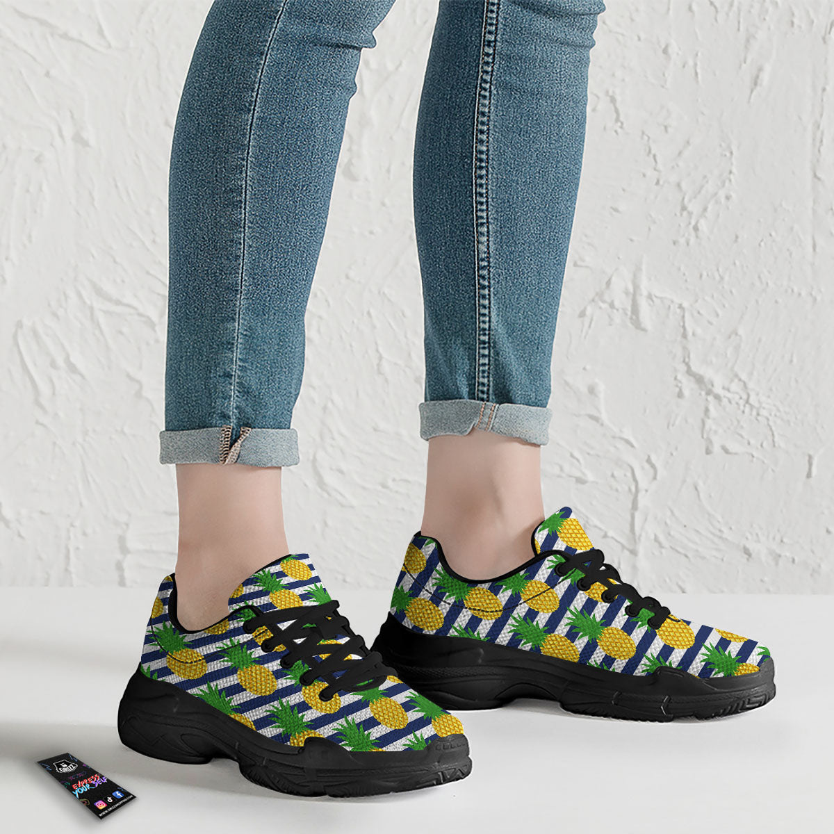 Striped Pineapple Print Pattern Black Chunky Shoes-grizzshop