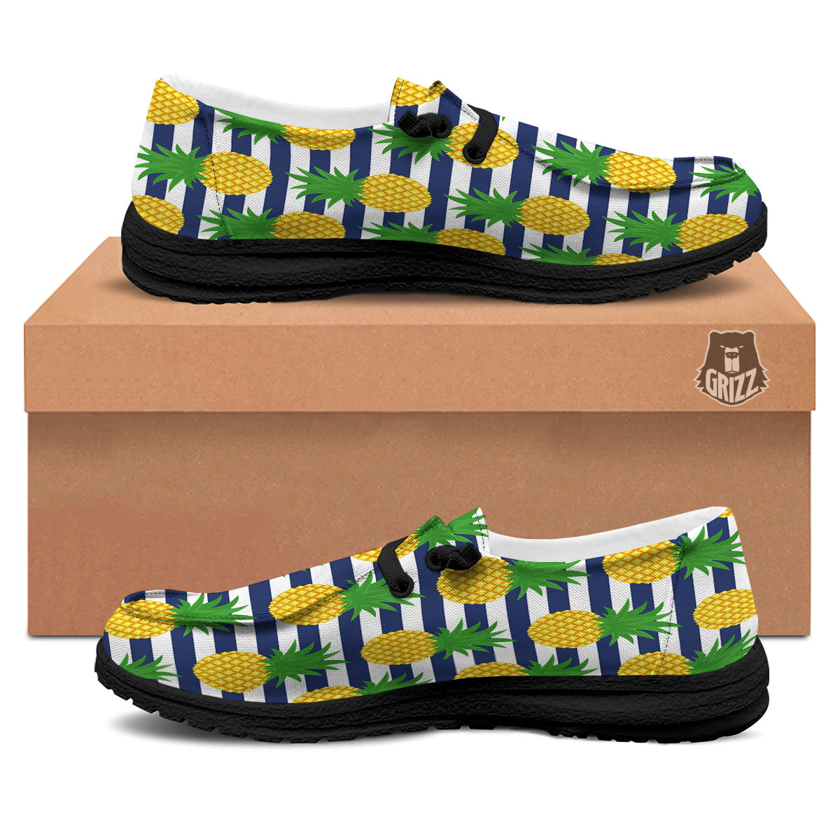Striped Pineapple Print Pattern Black Loafers-grizzshop