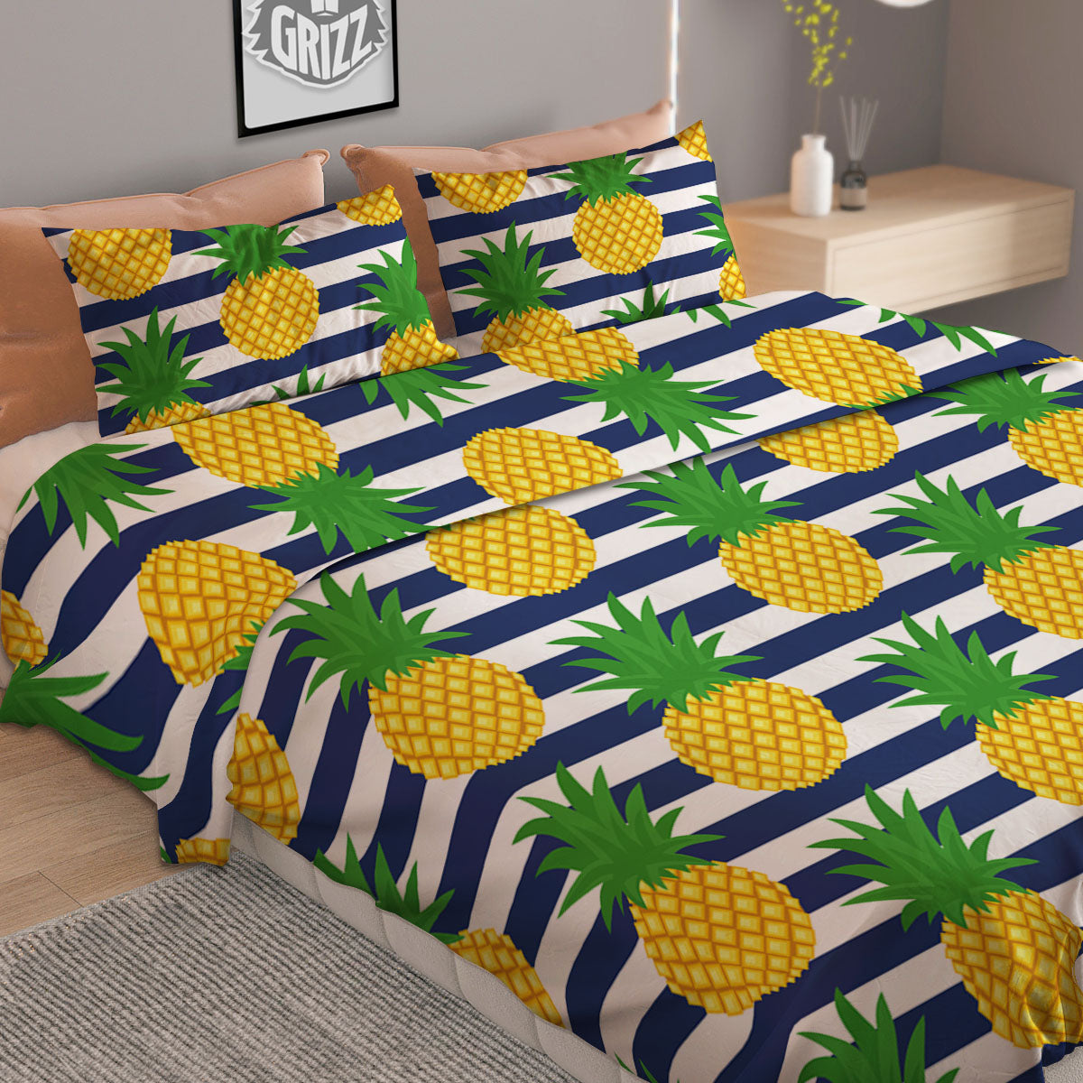 Striped Pineapple Print Pattern Duvet Cover Bedding Set-grizzshop